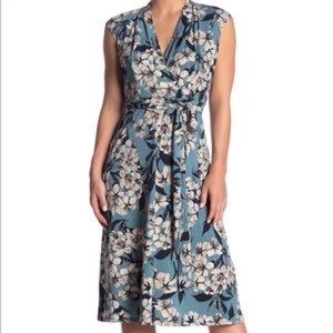 London Times Surplice Floral Tie Waist Midi Dress